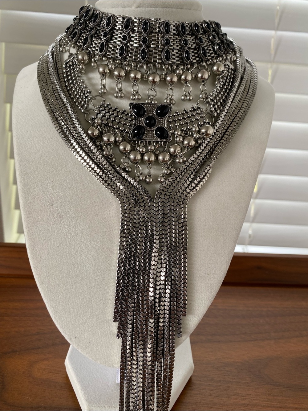 Free People Silver Tone Black Stone Statement Choker Tassel Necklace - Picture 4 of 8